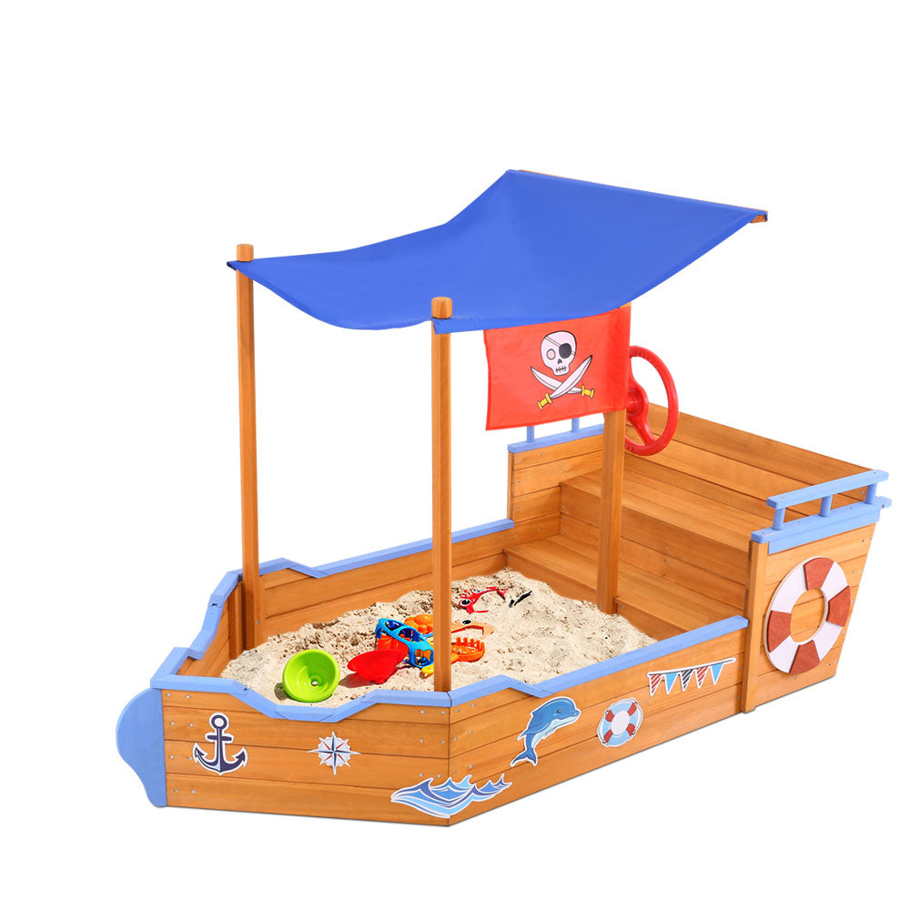 Kids Wooden Boat Sandpit with Canopy Bench Seat – 165cm