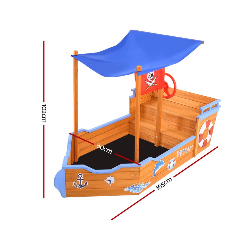 Kids Wooden Boat Sandpit with Canopy Bench Seat – 165cm