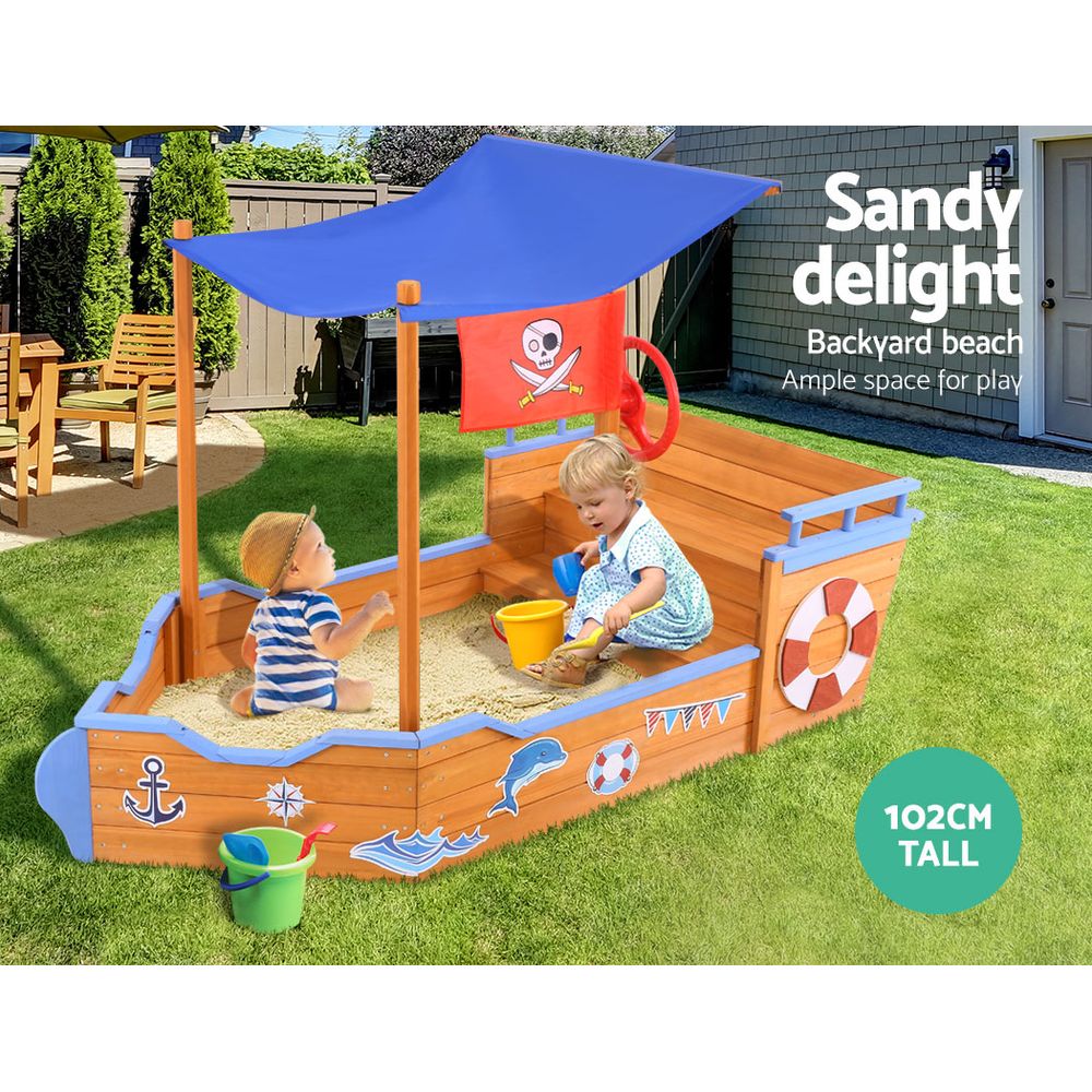 Kids Wooden Boat Sandpit with Canopy Bench Seat – 165cm