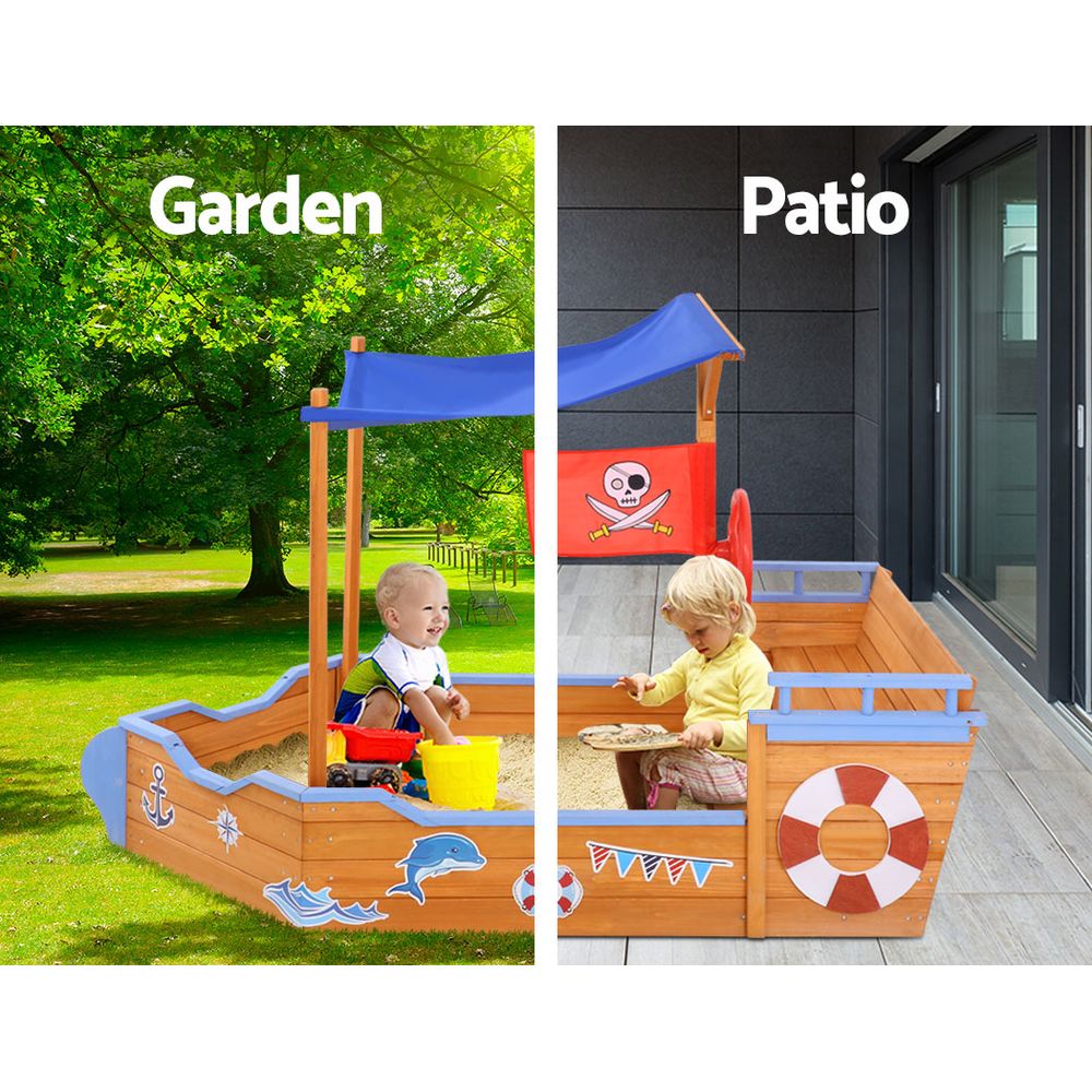 Kids Wooden Boat Sandpit with Canopy Bench Seat – 165cm