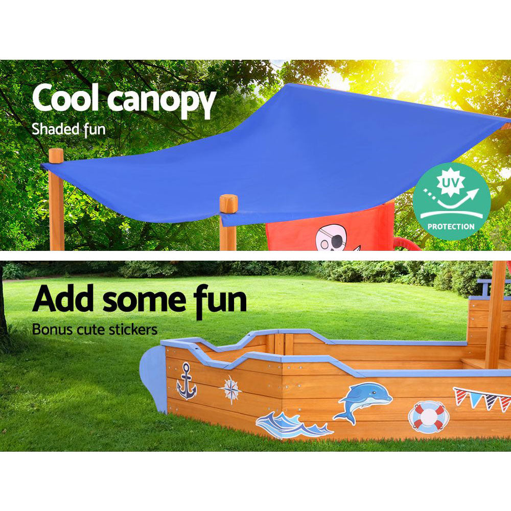 Kids Wooden Boat Sandpit with Canopy Bench Seat – 165cm