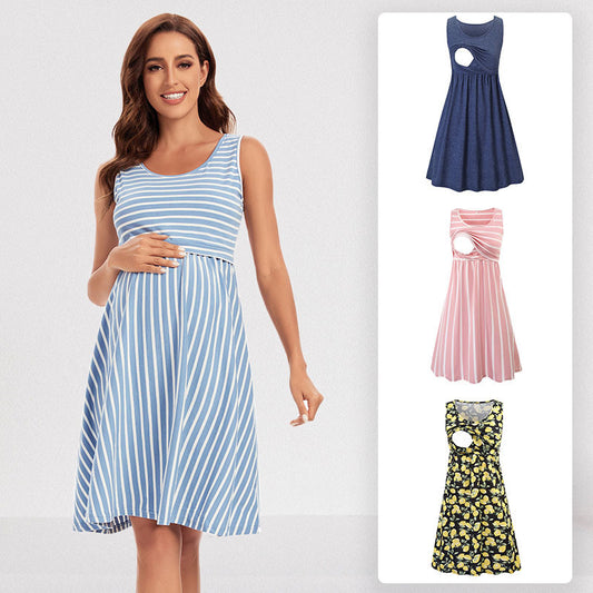 Striped Panel Solid Color Sleeveless Maternity Dress