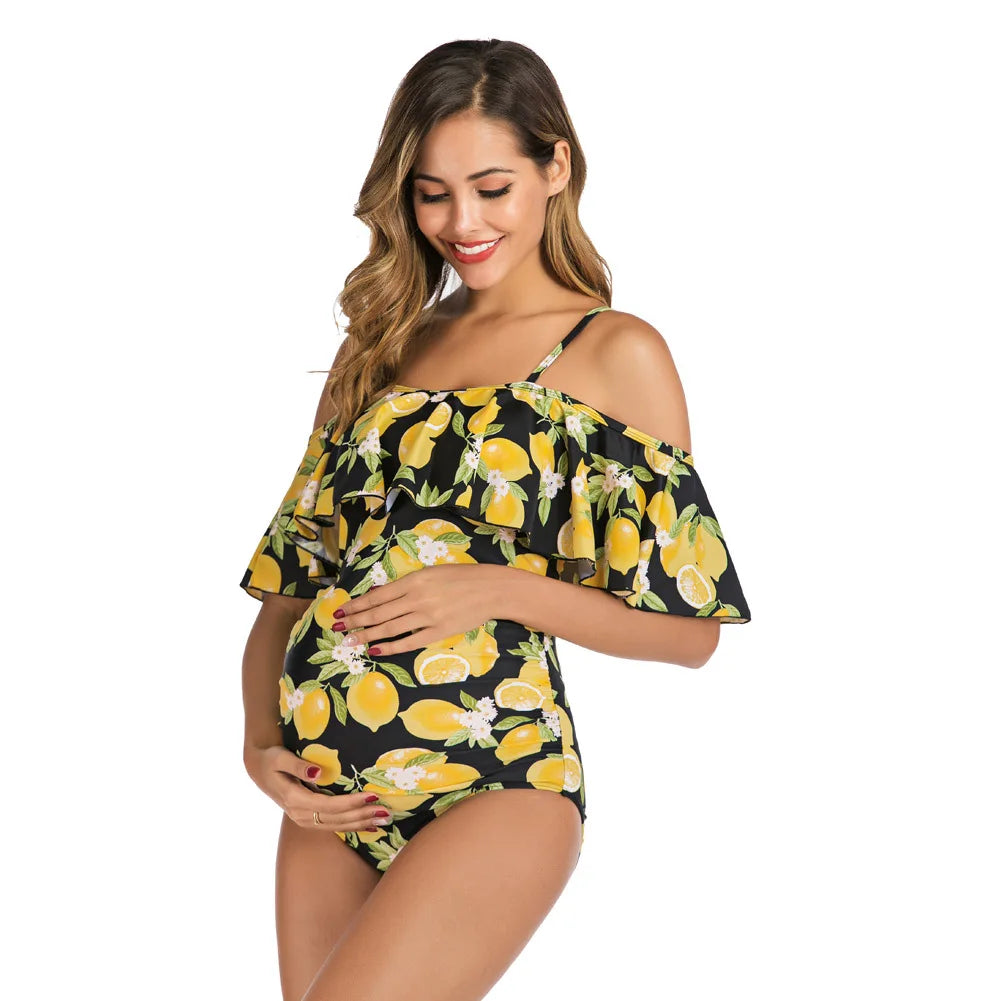 One-Piece Maternity Swimsuit: Floral Print Beachwear for Pregnant Women