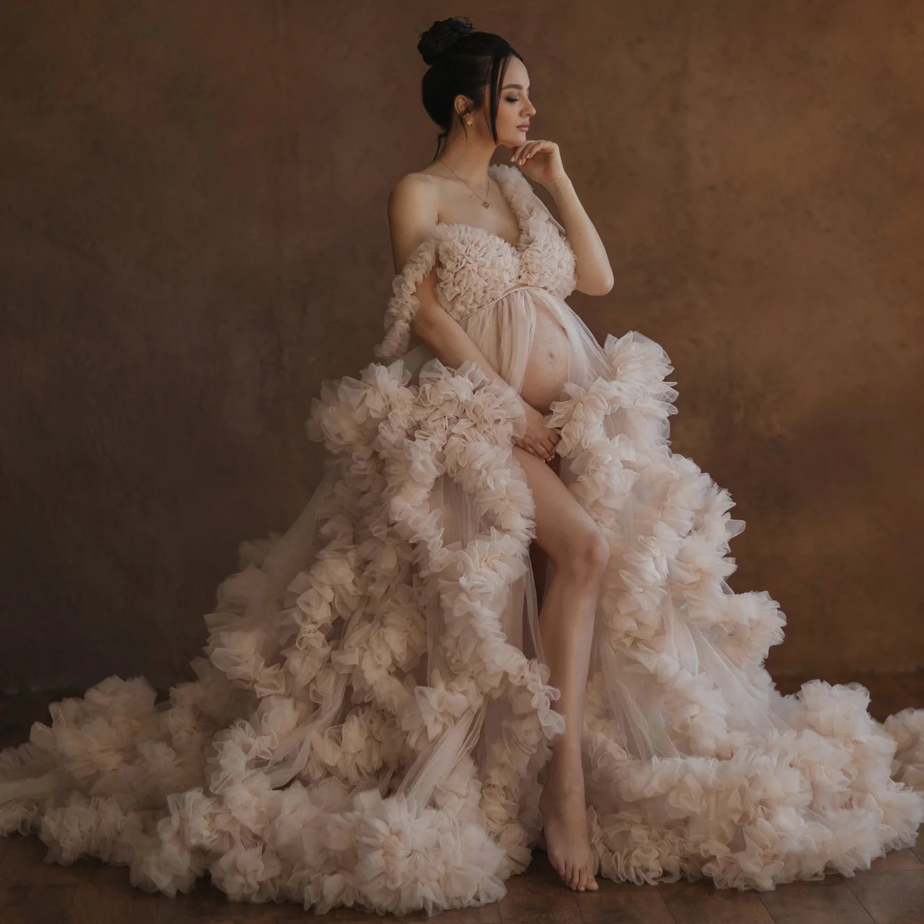 Dreamy Tulle Ruffles Wrap Gown – Fluffy Elegance for a Stunning Baby Shower Look