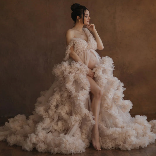 Dreamy Tulle Ruffles Wrap Gown – Fluffy Elegance for a Stunning Baby Shower Look