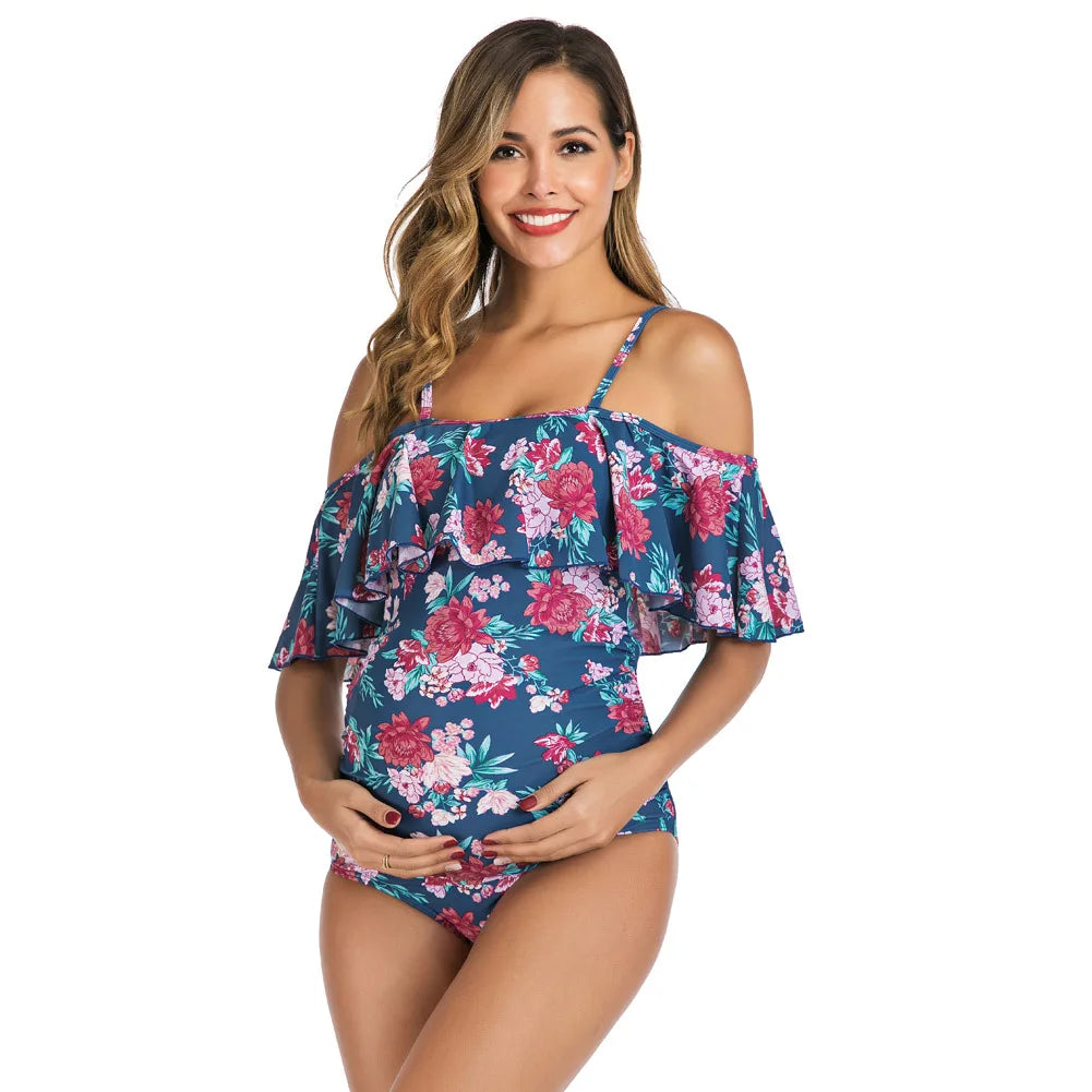 One-Piece Maternity Swimsuit: Floral Print Beachwear for Pregnant Women