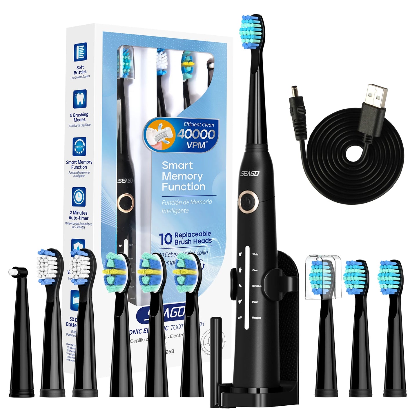 Adult Ultrasonic Electric Toothbrush USB Rechargeable kit