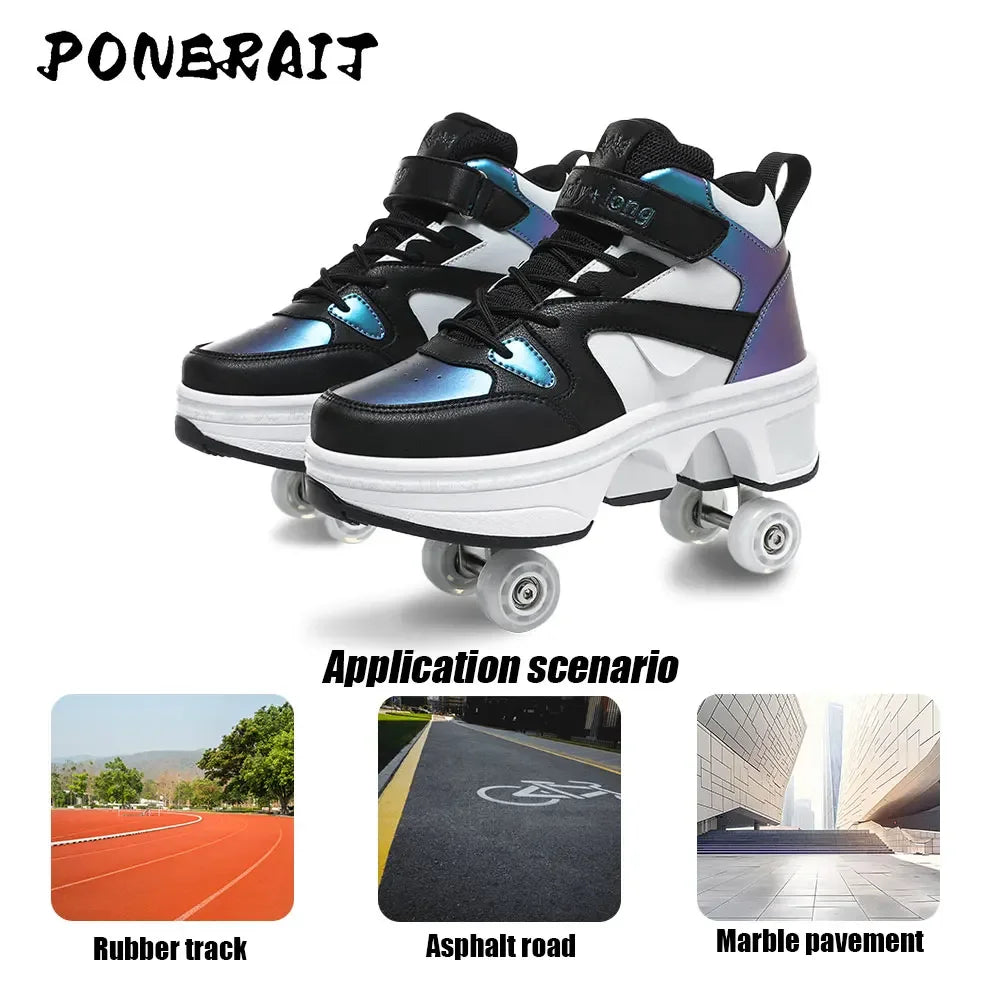 Boys High Top Pop-Up Roller Shoes - Dual-Purpose Fashion Skating Sneakers