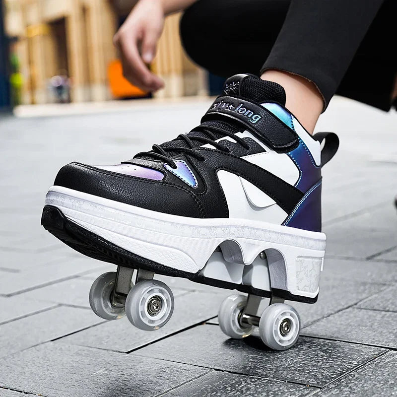 Boys High Top Pop-Up Roller Shoes - Dual-Purpose Fashion Skating Sneakers