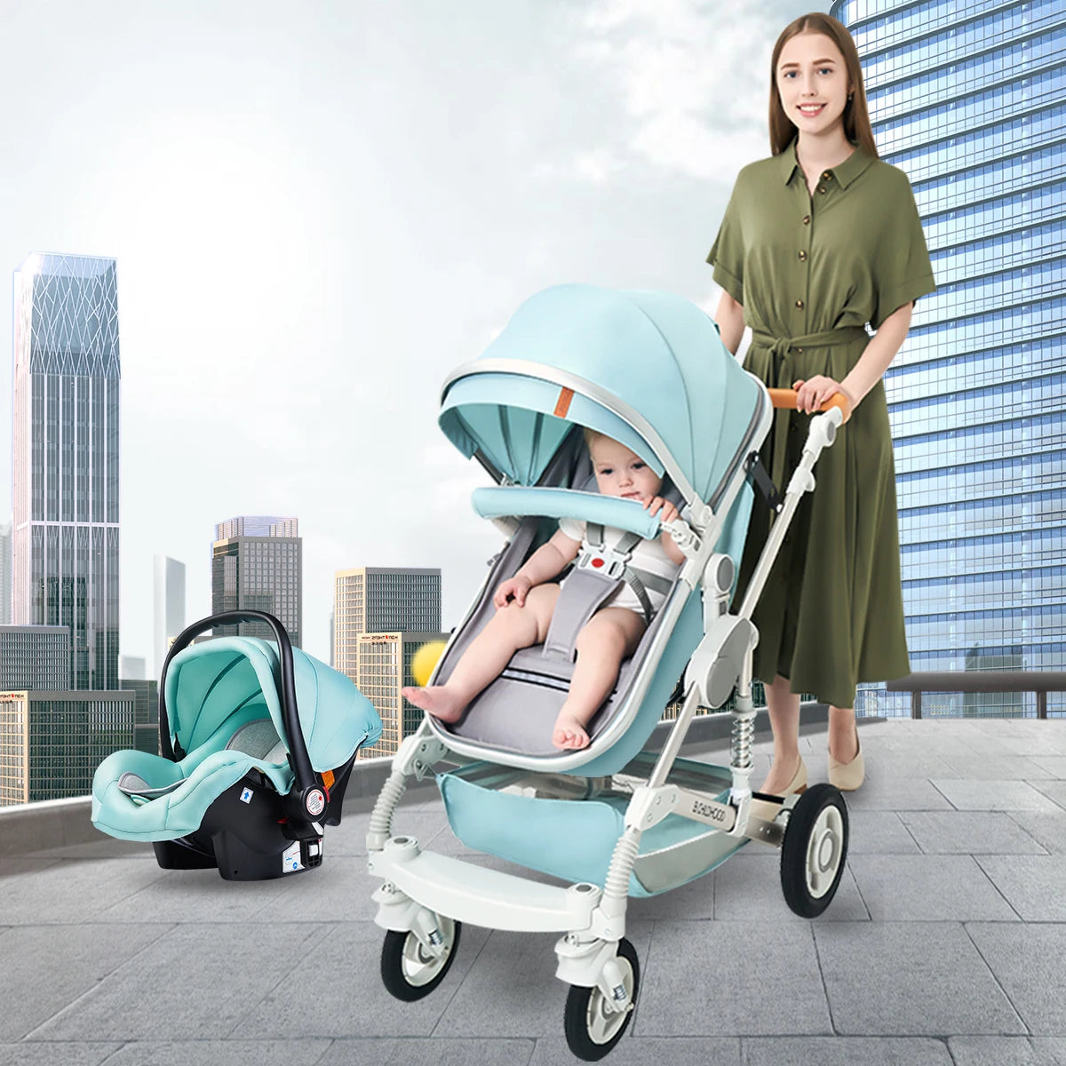 Mom with her baby in 3 in 1 stroller folding two-sided