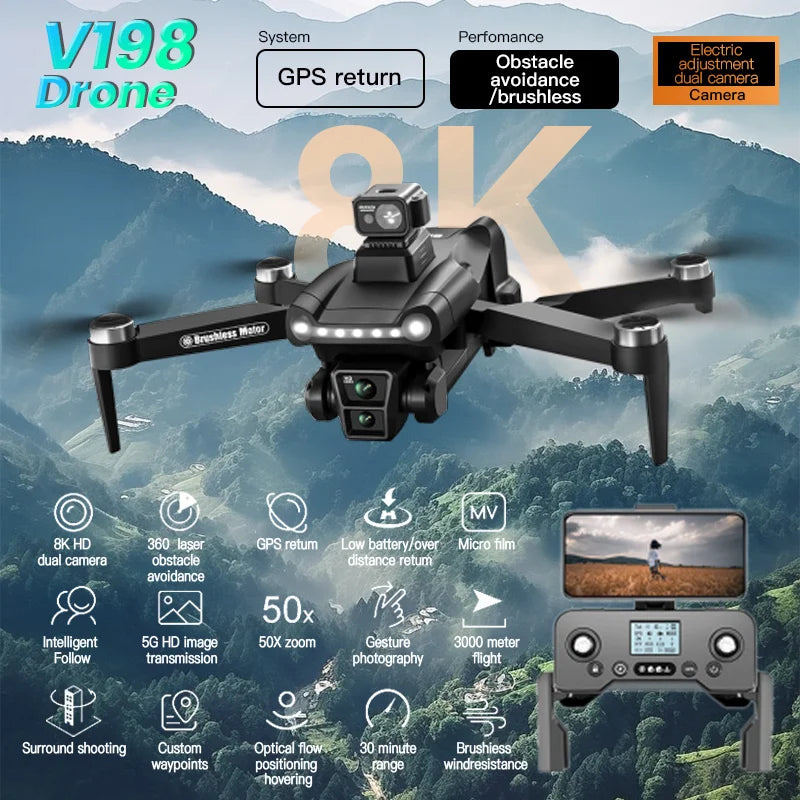 Xiaomi V198GPS Drone ESC 8K Professional HD Camera Brushless Obstacle Avoidance Aerial Optical Foldable Quadcopter Mini Drone