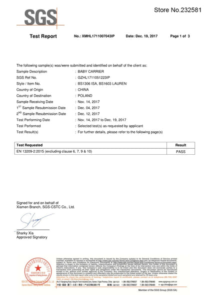 SGS Certificate for Baby Carrier Infant Sling Backpack 