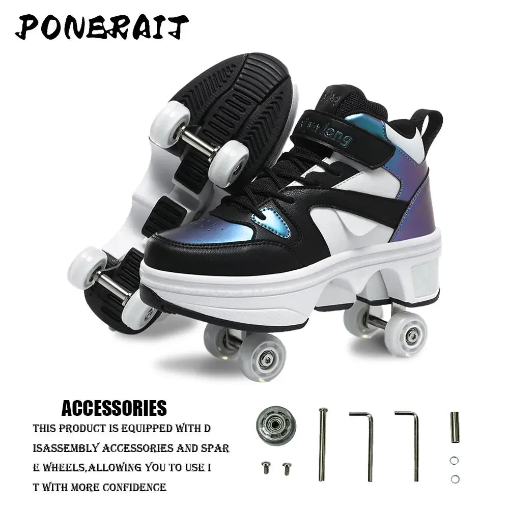 Boys High Top Pop-Up Roller Shoes - Dual-Purpose Fashion Skating Sneakers