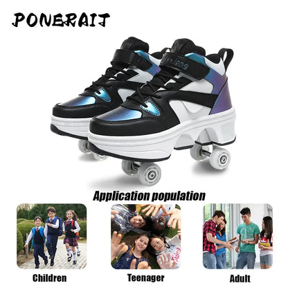 Boys High Top Pop-Up Roller Shoes - Dual-Purpose Fashion Skating Sneakers