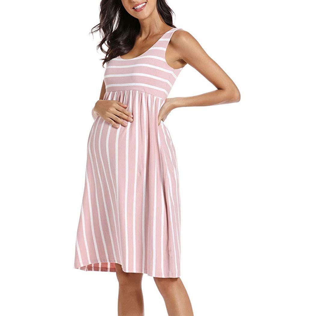 New Striped Sleeveless Maternity Dress – Chic & Comfortable for Expecting Mothers